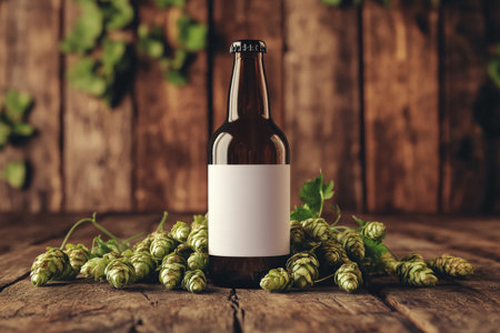 A close-up of a brown beer bottle with a blank white label, enveloped in freshly harvested hops, sitting on a rustic wooden table. The textures and colors create a cozy and inviting atmosphere for craft beer lovers.の素材