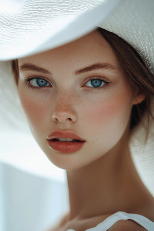 A young woman with striking blue eyes stars confidently at the camera, her large white hat casting subtle shadows on her flawless skin. The white background adds a dreamy and ethereal quality to the image.の素材
