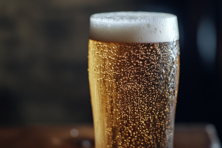A close-up of a tall beer glass filled with a light lager, showing the bubbles rising to the top. The rustic wooden table beneath adds texture, capturing the refreshing essence of enjoying a cold brew.の素材