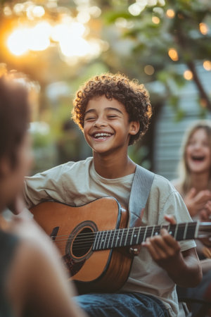 A happy boy playing guitar in a backyard, surrounded by friends who are clapping and singing along. The warm sunlight and laughter create a delightful and energetic atmosphere of friendship and fun.の素材