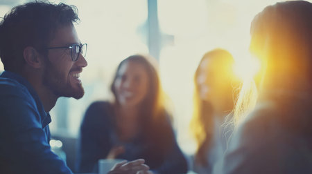 A close-up of a work group engaged in a friendly debate, exchanging ideas with smiles and enthusiasm. The blurred office setting in the background emphasizes their connection and collaborative spirit.の素材