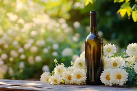 A serene outdoor setting with a wine bottle and white chrysanthemum flowers on a wooden table. The natural surroundings and soft light enhance the tranquil atmosphere of relaxation and leisure.の素材