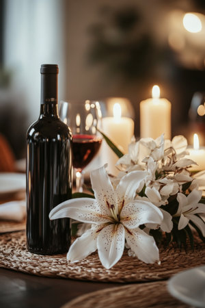 A stylish dining table set with a dark red wine bottle, delicate white lilies, and a woven placemat. The background features softly blurred candles, creating an intimate setting perfect for a romantic dinner.の素材