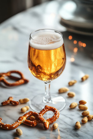 A frosty beer glass filled with a light amber brew is placed on a marble table. Surrounding it are scattered peanuts and pretzels, adding to the casual and refreshing vibe of an afternoon gathering with friends.の素材