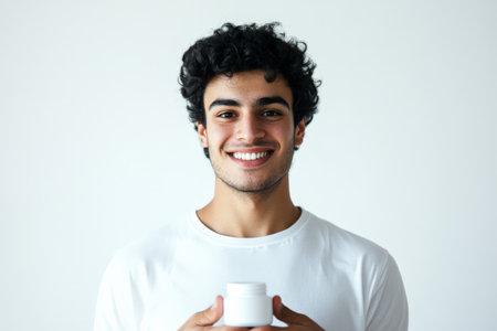 A young adult Arabian man smiling confidently while holding a small cream jar, his smooth skin and the minimalist white background making the product stand out.の素材