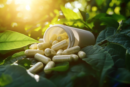 A crisp white supplement bottle tipped over, spilling vibrant gel capsules and tablets onto lush green leaves. The sunlight filters through, highlighting the freshness of the scene, evoking a sense of natural vitality and wellness.の素材