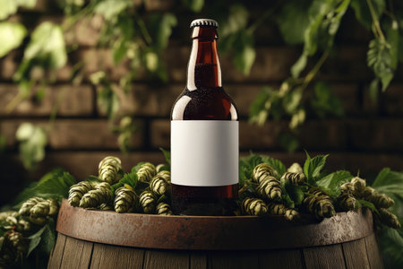 A brown beer bottle with a blank white label resting on a wooden barrel, surrounded by vibrant hops. The soft natural lighting accentuates the details, creating a warm and welcoming atmosphere.の素材