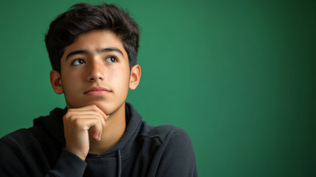 Teenager Hispanic boy deep in thought with hand on chin against a green background.の素材