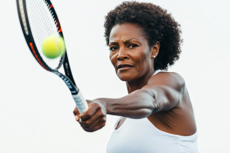 A middle-aged Black woman playing tennis, captured in a confident stance as she prepares to strike the ball. The white background emphasizes her strength and grace.の素材