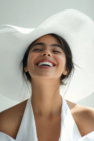 A vibrant portrait of a young Hispanic woman in an oversized white hat, her joyful smile lighting up the scene. The clean, white background keeps the focus on her playful expression and the subtle details of her attire.の素材