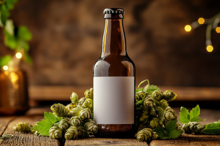 A brown beer bottle with a blank white label is elegantly draped in fresh hops, sitting on a textured wooden surface. The warm lighting creates a welcoming and homey atmosphere, celebrating the art of craft brewing.の素材