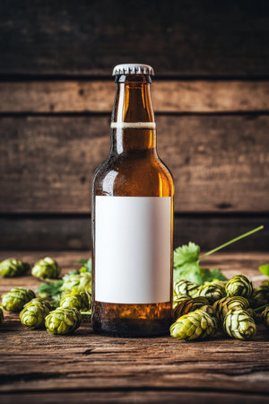 A beer bottle adorned with a blank white label rests on a textured wooden surface, elegantly surrounded by cascading fresh hops. The soft lighting accentuates the rich colors and inviting atmosphere of artisanal brewing.の素材