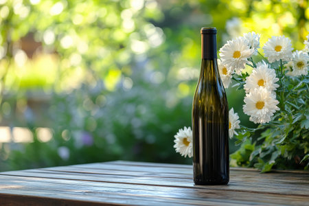 A serene outdoor setting with a wine bottle and white chrysanthemum flowers on a wooden table. The natural surroundings and soft light enhance the tranquil atmosphere of relaxation and leisure.の素材