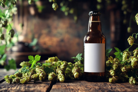 A brown beer bottle with a blank white label rests on a wooden tabletop, wrapped in cascading hops. The natural lighting enhances the rustic charm, drawing attention to the simplicity and beauty of craft brewing.の素材