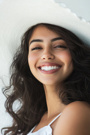 A vibrant portrait of a young Hispanic woman in an oversized white hat, her joyful smile lighting up the scene. The clean, white background keeps the focus on her playful expression and the subtle details of her attire.の素材