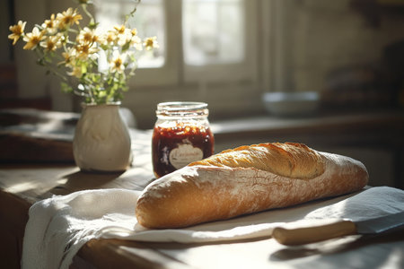 A cozy kitchen scene showcasing a freshly baked baguette on a rustic table. Natural light filters in, highlighting the baguette's crust and a jar of homemade jam, inviting viewers to enjoy the simple pleasures of home-cooked meals.の素材