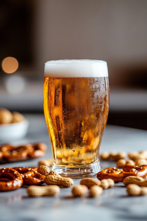 A frosty beer glass filled with a light amber brew is placed on a marble table. Surrounding it are scattered peanuts and pretzels, adding to the casual and refreshing vibe of an afternoon gathering with friends.の素材