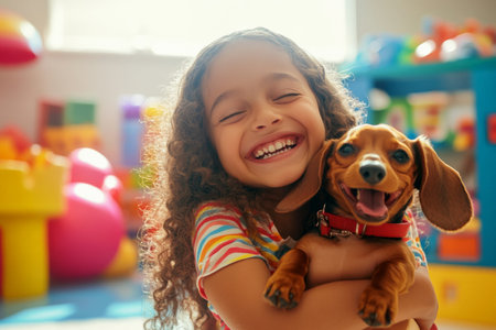 A school-age girl of Brazilian descent, laughing while hugging a tiny Dachshund in a bright and colorful playroom filled with toys. Her joy is infectious, showing the beauty of their connection.の素材