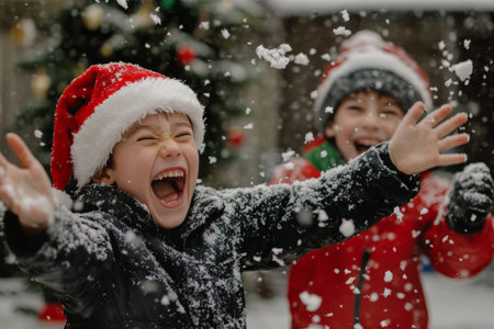 Two cheerful boys, one wearing a Santa hat and the other dressed as an elf, engaging in a playful snowball fight in a snowy backyard. Their laughter and excitement radiate the joy of Christmas, with a festive tree visible in the background.の素材