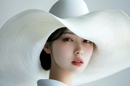 A young Japanese woman in a modern, avant-garde white hat. The large, asymmetrical brim of the hat creates dramatic shadows on her face, adding mystery and elegance against the pure white background.の素材