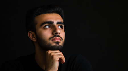 Young adult Arabian man deep in thought with hand on chin against a black background.の素材