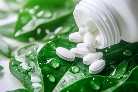 A crisp white supplement bottle pouring out gel capsules and tablets onto vibrant green leaves, with droplets of water for added freshness. The scene captures the essence of natural vitality and the importance of supplements in a healthy lifestyle.の素材