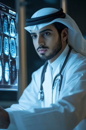 A young adult Arabian doctor with a serious look, concentrating on an X-ray image illuminated on the lightbox, surrounded by medical charts and notes. The doctor's sharp focus embodies commitment to healthcare.の素材