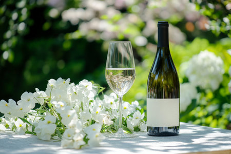 A picturesque outdoor brunch table with a chilled wine bottle surrounded by beautiful white sweet peas. The sunny garden backdrop adds to the cheerful and lively ambiance of the scene.の素材