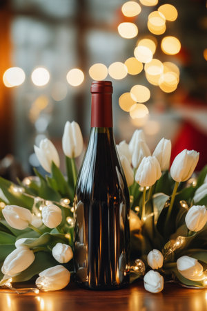 A festive holiday table featuring a red wine bottle surrounded by fragrant white tulips. The warm and cozy setting is enhanced by twinkling fairy lights and seasonal decorations.の素材