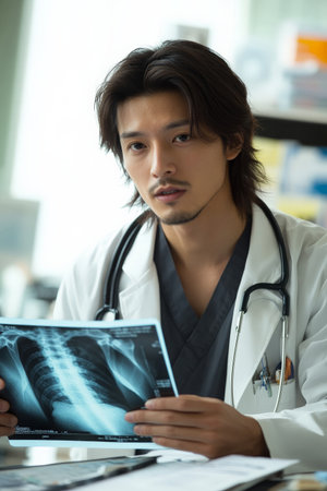 A young adult Japanese doctor meticulously reviewing an X-ray on a lightbox, surrounded by medical charts in a bright clinic. The doctorÃ¢â¬â¢s serious expression conveys a deep sense of responsibility in making an accurate diagnosis.の素材