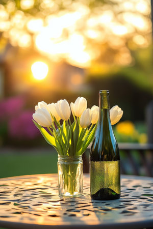 An inviting patio table showcasing a green wine bottle and a simple arrangement of white tulips. The warm sunset glow casts a golden hue, enhancing the peaceful ambiance of an evening gathering.の素材