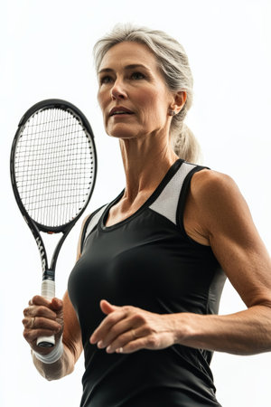 A middle-aged Caucasian woman gracefully playing tennis, captured in a powerful stance with her racket raised. The simplicity of the white background emphasizes its form and dedication to the sport.の素材