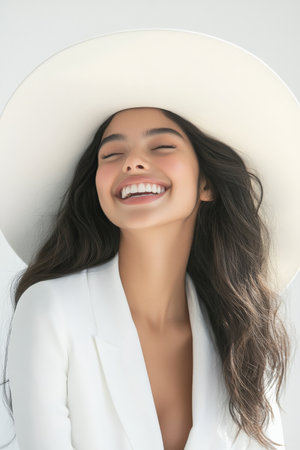 A vibrant portrait of a young Hispanic woman in an oversized white hat, her joyful smile lighting up the scene. The clean, white background keeps the focus on her playful expression and the subtle details of her attire.の素材