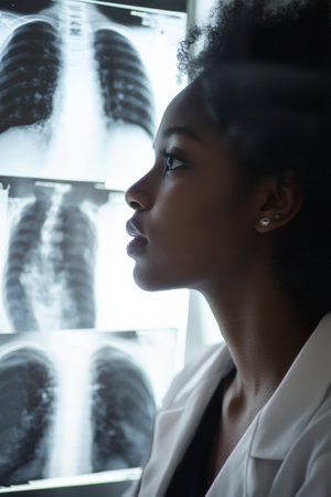 A young adult African American doctor analyzing an X-ray on a lightbox, with medical records spread out behind them. The doctorÃ¢â¬â¢s serious concentration reflects the critical importance of the diagnostic process.の素材