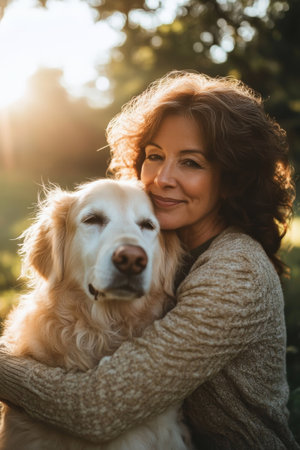 A middle-aged woman of Brazilian descent, lovingly hugging her fluffy golden retriever in a sun-drenched park. The lush greenery and soft sunlight enhance the heartwarming moment of connection.の素材