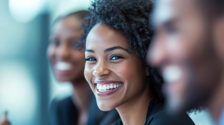 A close-up shot of an engaged workgroup in mid-discussion, their cheerful faces reflecting optimism and energy. The blurred background of the office allows the focus to remain on their collaborative, positive interaction.の素材