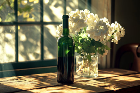 A rustic wooden table adorned with a green wine bottle surrounded by elegant white flowers in a glass vase. Soft afternoon sunlight filters through the window, casting warm shadows and enhancing the inviting atmosphere.の素材