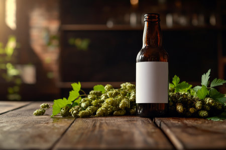 A brown beer bottle with a blank white label lies gracefully on a wooden table, wrapped in fresh hops. The warm light enhances the rustic charm, perfect for showcasing the art of craft brewing.の素材