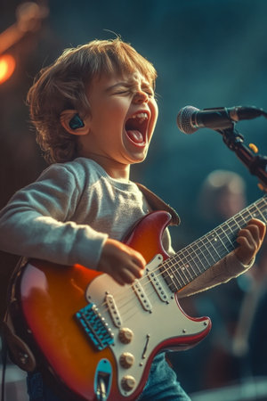 A child with bright eyes joyfully playing an electric guitar on a stage, singing with passion. The excitement of the crowd can be felt in the air, capturing the thrill of performing.の素材