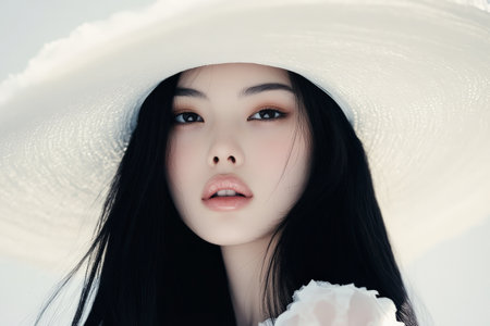 A stunning young woman with long black hair wears a large white hat, the wide brim creating soft shadows over her perfectly symmetrical face. The soft white background highlights the ethereal quality of the scene.の素材