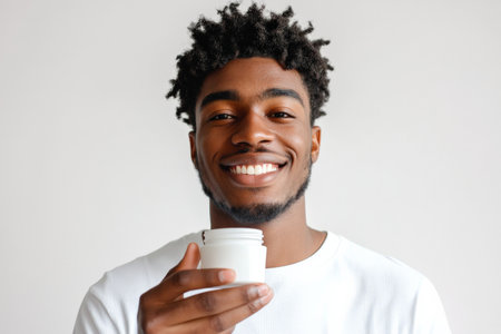 A young adult African American man, smiling charmingly as he holds a small jar of cream. The white background contrasts with his radiant skin, emphasizing his well-groomed appearance.の素材