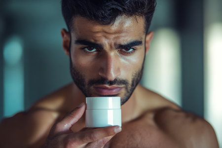 A young adult Arabian man, sweating after a workout, holding a skincare cream container. His sharp focus is on the product, with the background blurred to enhance the visual impact of his face and the cream.の素材