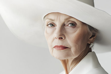 A sophisticated portrait of an elderly woman wearing a large white hat, her deep-set eyes exuding a sense of calm and wisdom. The clean white backdrop emphasizes her timeless elegance and graceful expression.の素材