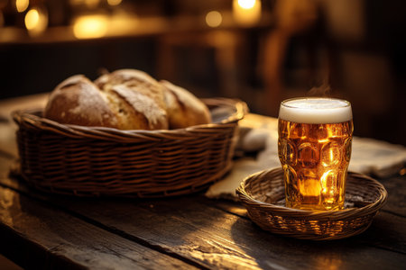 A pint of golden beer sits on a rustic table next to a fresh basket of bread. The warm lighting and inviting atmosphere capture the essence of comfort and refreshment in a cozy setting.の素材