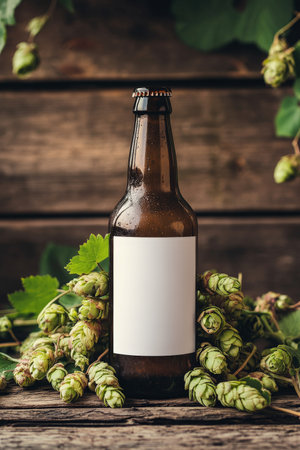 A close-up shot of a brown beer bottle featuring a blank white label, entwined in fresh hops against a backdrop of wooden planks. The rich colors and textures create a rustic and inviting display.の素材