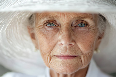 A close-up portrait of an elderly woman with soft, wrinkled features, wearing an oversized white hat. Her kind eyes reflect wisdom and experience, while the all-white setting brings out her serene expression.の素材