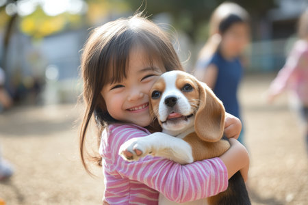 A cheerful preschooler with Japanese heritage, tightly hugging a fluffy beagle puppy on a playground. The joy on her face, with friends playing nearby, captures the essence of childhood happiness.の素材
