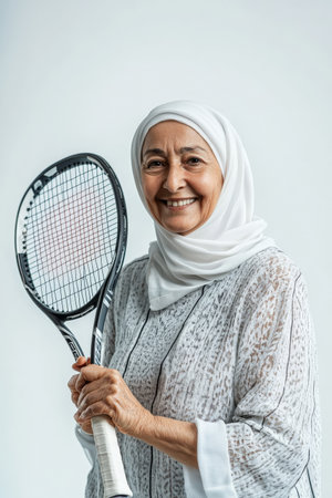 A senior Arabian woman playing tennis with a warm smile, her racket in hand as she prepares to serve. The white background accentuates her joyful spirit and love for the game.の素材