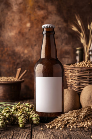 A picturesque scene featuring a brown beer bottle with a blank white label, artfully arranged with fresh hops and a scattering of grains. The rustic backdrop enhances the charm of traditional craft brewing.の素材
