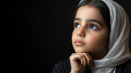School-age Arabian girl deep in thought with hand on chin against a black background.の素材